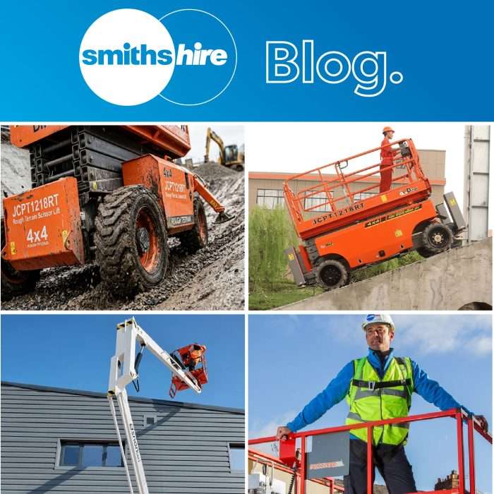 A Smiths Hire blog graphic titled 'How to choose construction site access equipment for difficult spaces.' The image features a collage of powered access machinery, including a Dingli JCPT1218RT all-terrain scissor lift navigating a 40% incline, a close-up of rough terrain tires on muddy ground, and an articulated boom lift reaching over a building roof.