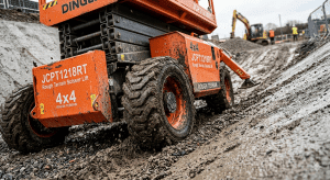 Dingli JCPT1218RT all-terrain diesel scissor lift navigating heavy mud and gravel on a steep construction site.